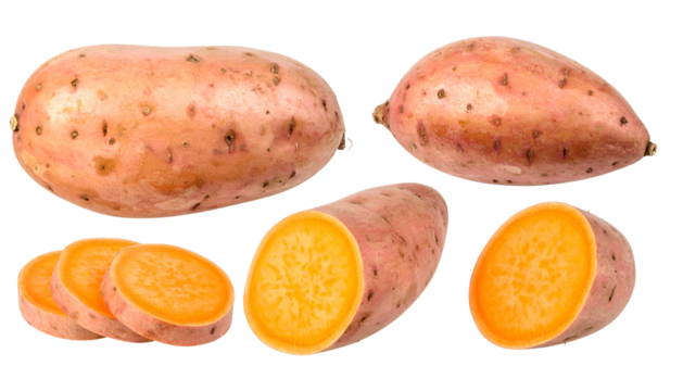 Close-up of whole and sliced root vegetables, showing skin and vibrant orange flesh