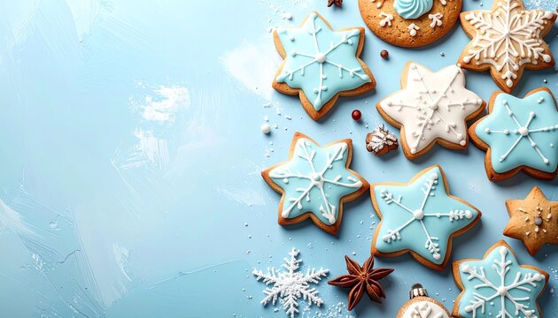 Weihnachtspl&auml;tzchen mit hellblauer Glasur auf einem blauen Hintergrund mit Platz f&uuml;r eigenen Text