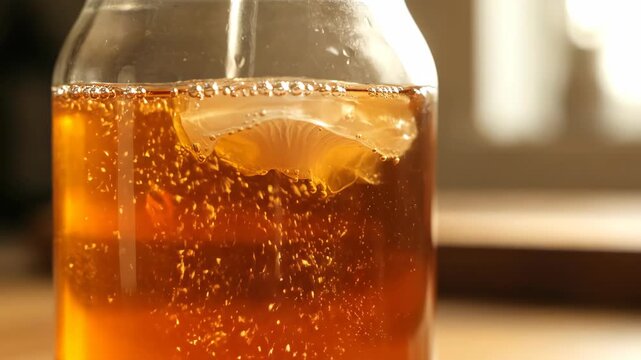 Fermented drink in a jar, with fizz and floating culture.