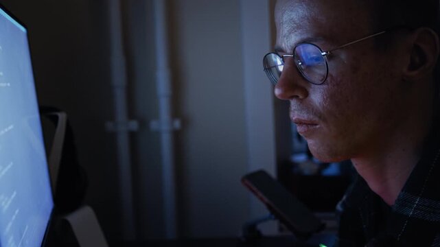 Disabled programmer working on a computer, with code reflecting in the glasses