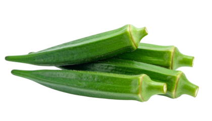 Four vibrant green, elongated okra pods arranged on a solid black background