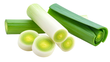 Close-up studio shot of a leek, sliced and whole, against a transparent backdrop