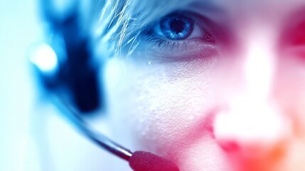 Woman with headset on blue background focused woman uses communication device in blue setting