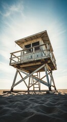 Classic weathered wooden lifeguard tower on a sandy beach under a bright blue sky