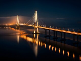 Obraz premium Suspension bridge illuminated at night over calm water reflecting lights