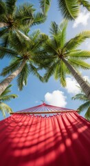Comfortable red fabric hammock suspended between tall palm trees against a beautiful sunny blue sky vacation