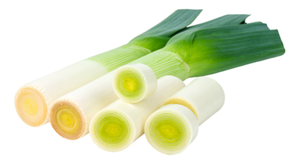 Close-up of sliced and whole green and white elongated vegetables on a transparent black background