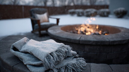 Cozy outdoor fire pit, blankets, and hot drink.