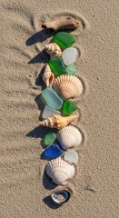 Assortment of vibrant sea glass shards and natural seashells carefully arranged on textured beach sand