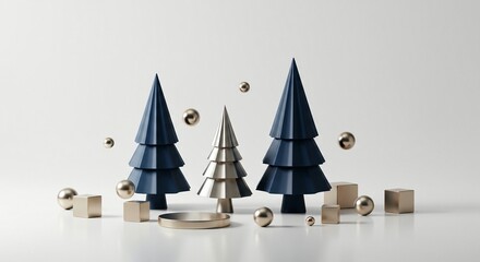 Minimalist 3d rendering of three stylized christmas trees with gold sphere and cube decorations isolated on white background