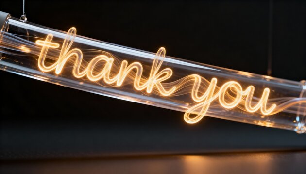 Neon light display saying thank you on dark background