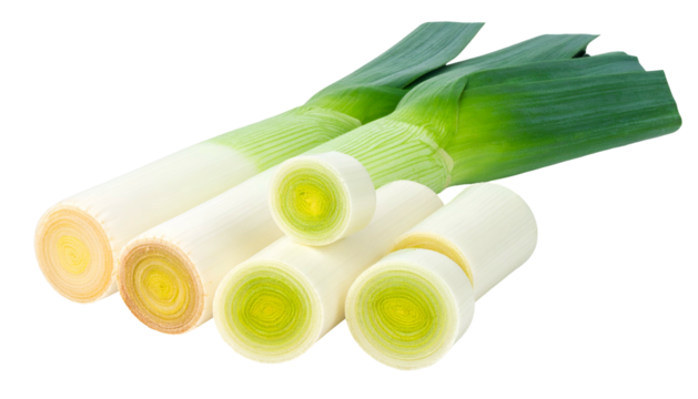 Close-up of sliced and whole green and white elongated vegetables on a transparent black background