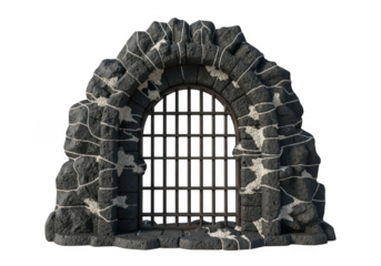 Ancient weathered stone archway with a sturdy metal grate, featuring rough dark rock texture and architectural details.
