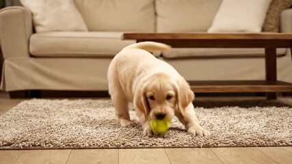 Adorable golden retriever pup joyfully playing with a tennis ball, running and chasing it across the carpet in its loving home. Purebred dog having a blast with its favorite toy