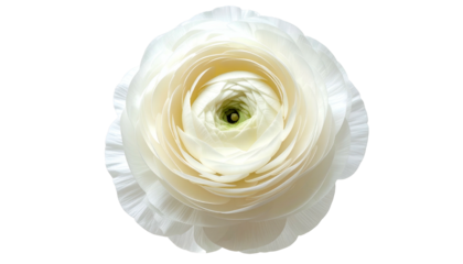 Overhead view of a delicate white flower with layers of soft, tightly packed petals, isolated