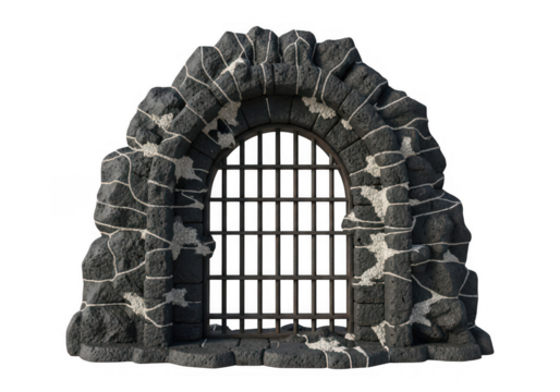 Ancient weathered stone archway with a sturdy metal grate, featuring rough dark rock texture and architectural details.