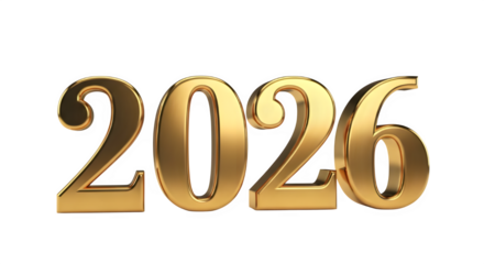 Golden 2026 year number isolated on transparent background