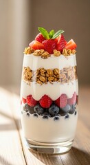Healthy refreshing delicious yogurt parfait with fresh mixed berries and granola layered beautifully in a glass