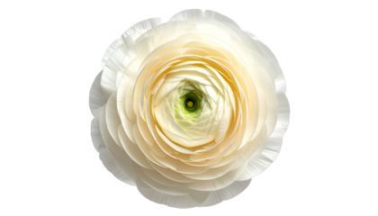 Overhead shot of a delicate, layered white flower with a vibrant yellow-green center