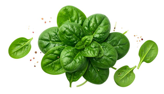 Close-up of fresh spinach leaves with scattered peppercorns against a black background