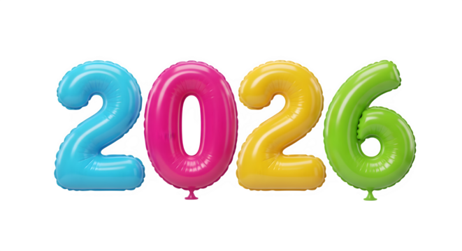 Colorful 2026 balloon numbers isolated on transparent background