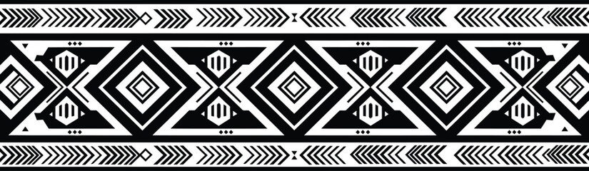 Seamless black and white vector border featuring bold geometric tribal and native american ethnic patterns for use in fabric, fashion, wallpaper, and abstract decoration.