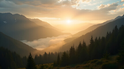 Obraz premium Sunrise paints mountains landscape with ethereal golden glow of sun illuminating lush valleys and peaks creating awe inspiring scene of natural beauty