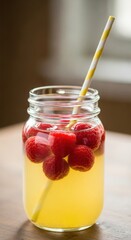 Delicious refreshing homemade raspberry lemonade drink in a clear mason jar with a striped straw