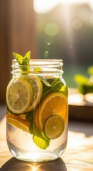 Refreshing healthy detox water with lemon orange lime mint in a glass jar warm sunlight