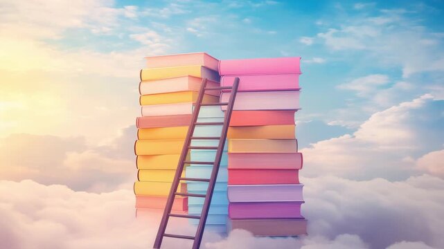 A ladder leans against a stack of colorful books resting on fluffy clouds, symbolizing the journey of knowledge and imagination