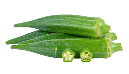 Close-up of several fresh green okra pods, one sliced to reveal interior