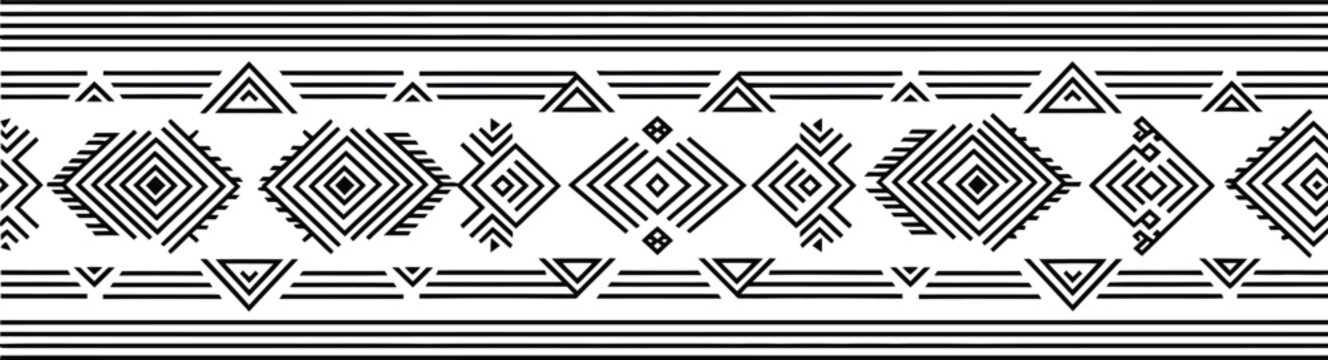 Seamless horizontal vector border featuring geometric ethnic, tribal, and native american line art patterns for textiles, print design, wallpaper, and decoration.