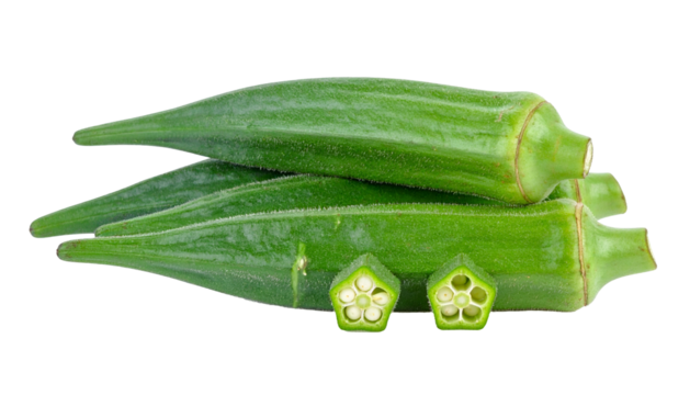 Close-up of several fresh green okra pods, one sliced to reveal interior