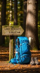 Blue hiking backpack boots and trekking poles near a wooden signpost for Lake Serenity