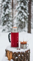 Red thermos and hot chocolate splashing from mug on snowy tree stump winter forest