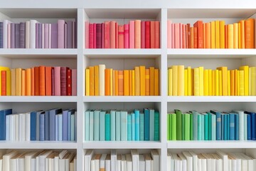 Colorful books displayed on white shelves