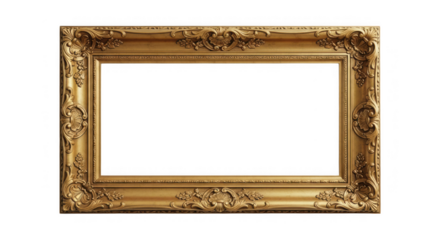 Ornate rectangular gold frame with intricate carved details, antique classic baroque design for display.