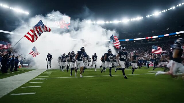 Eager American football team charging onto the field in a cloud of smoke ahead of the game. Players making a dynamic entrance, proudly waving American flags