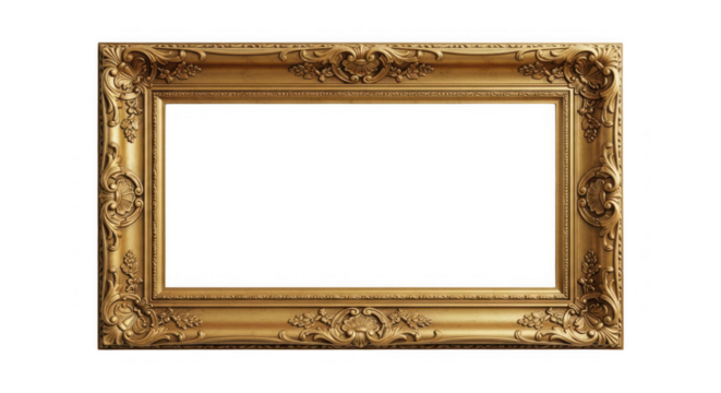 Ornate rectangular gold frame with intricate carved details, antique classic baroque design for display. - Powered by Adobe