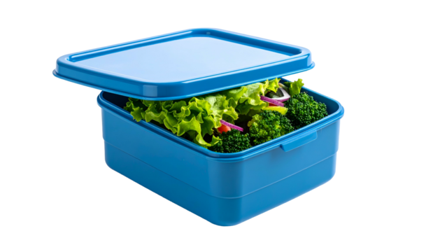 A blue rectangular container partially open, revealing a fresh salad with leafy greens and vegetables