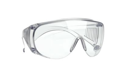 Transparent safety eyewear with clear lenses, protective side shields, and a comfortable nose bridge