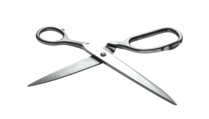 Close-up of metallic scissor on black background, blades open at a slight angle