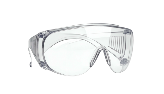 Transparent safety eyewear with clear lenses, protective side shields, and a comfortable nose bridge