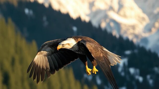 Video A bald eagle soars through the air, its wings outstretched, as it flies over a majestic mountain range