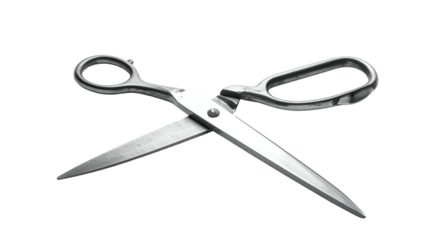 Close-up of metallic scissor on black background, blades open at a slight angle