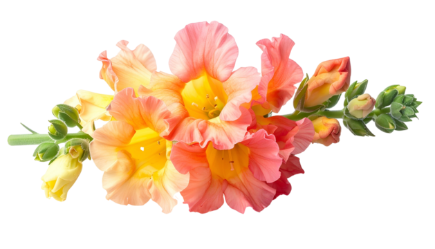 Close-up of delicate multi-colored blossoms on stem with unopened buds and green details
