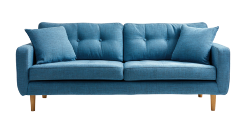 Blue upholstered sofa with tufted back and two throw pillows