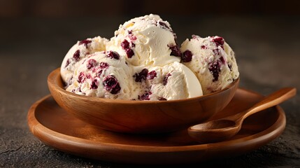 Scoops of creamy frozen dessert mixed with dark fruit pieces are presented in a wooden bowl