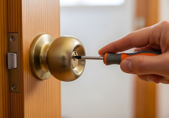 Fototapeta premium DIY home repair securing a golden door handle with screwdriver | How to repair or install interior brass door knob lock | Close-up of locksmith fixing wooden house door hardware