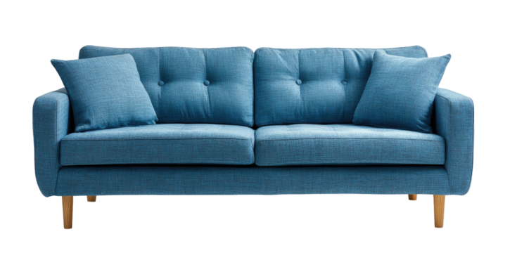 Blue upholstered sofa with tufted back and two throw pillows